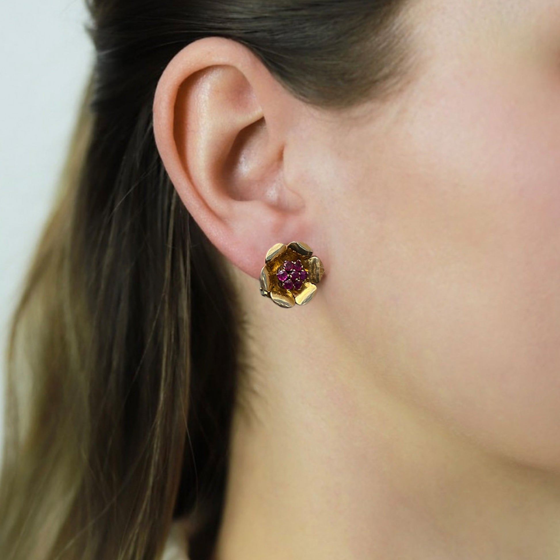 French 1940s 18KT Yellow Gold Ruby Earrings on ear