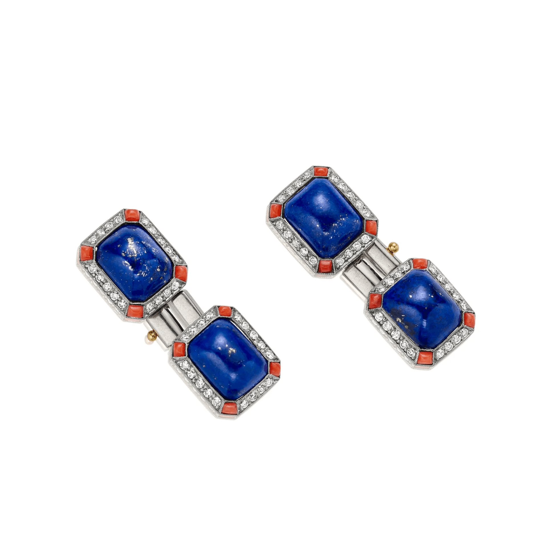 French Art Deco Platinum & 18KT Yellow Gold Lapis Lazuli, Coral & Diamond Cufflinks front