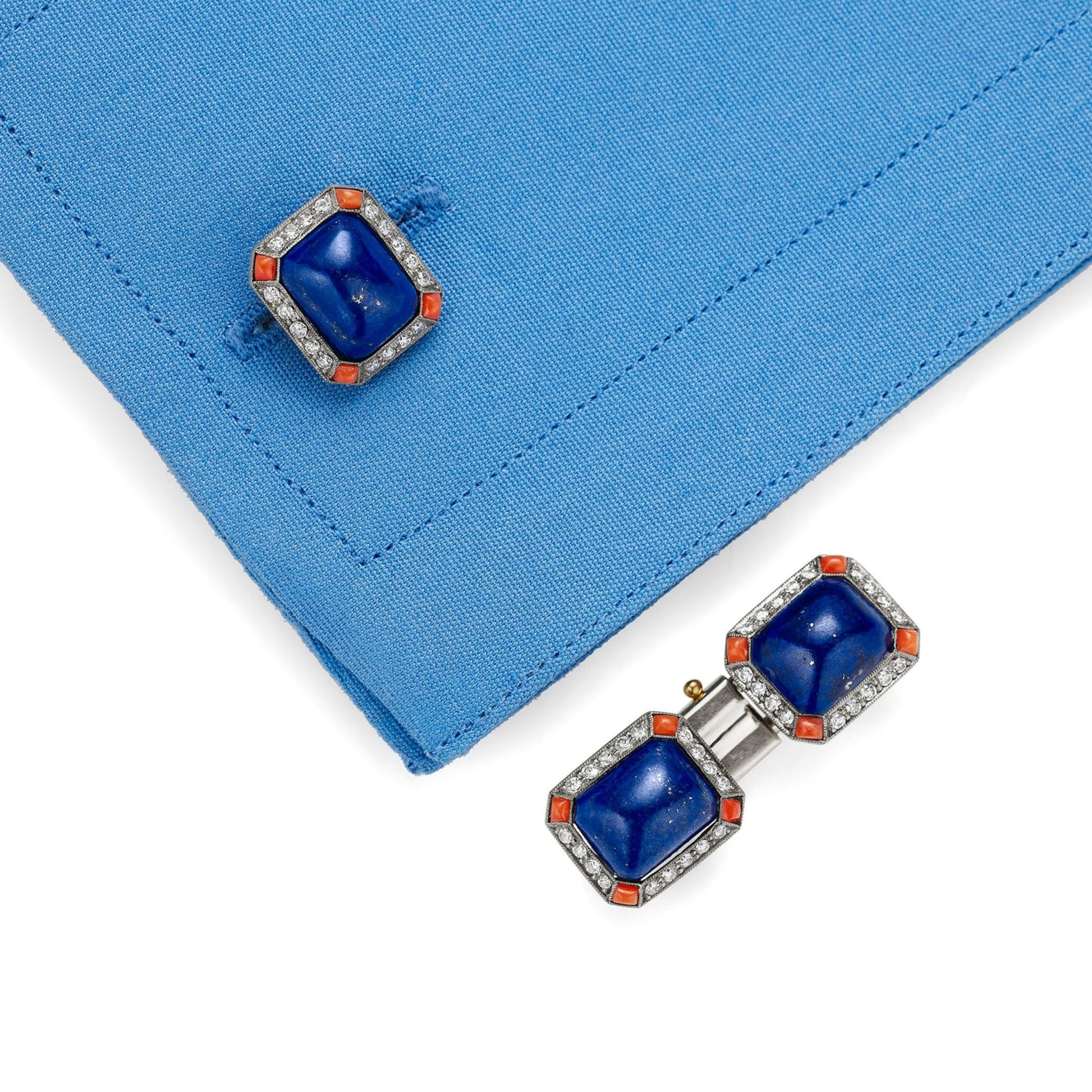 French Art Deco Platinum & 18KT Yellow Gold Lapis Lazuli, Coral & Diamond Cufflinks on cuff