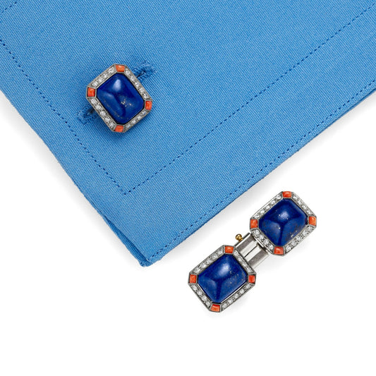 French Art Deco Platinum & 18KT Yellow Gold Lapis Lazuli, Coral & Diamond Cufflinks on cuff