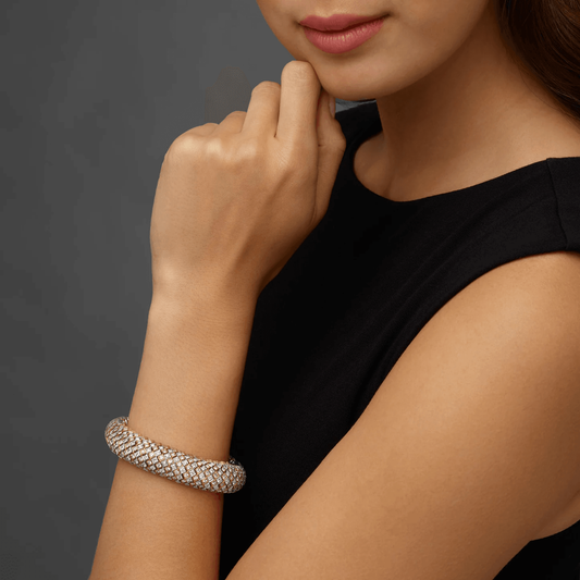 David Webb 1970s Platinum & 18KT Yellow Gold Diamond Bracelet on wrist