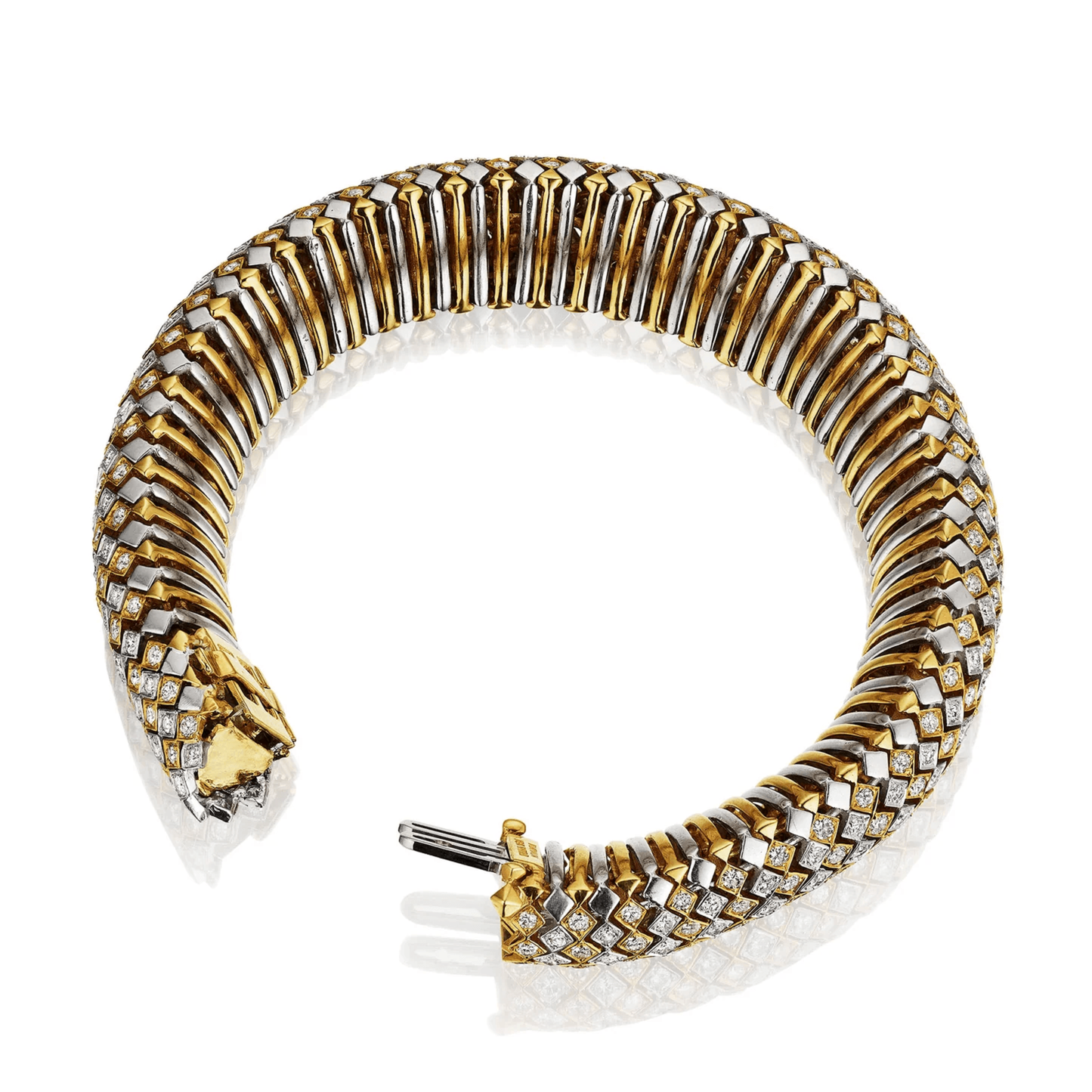 David Webb 1970s Platinum & 18KT Yellow Gold Diamond Bracelet profile