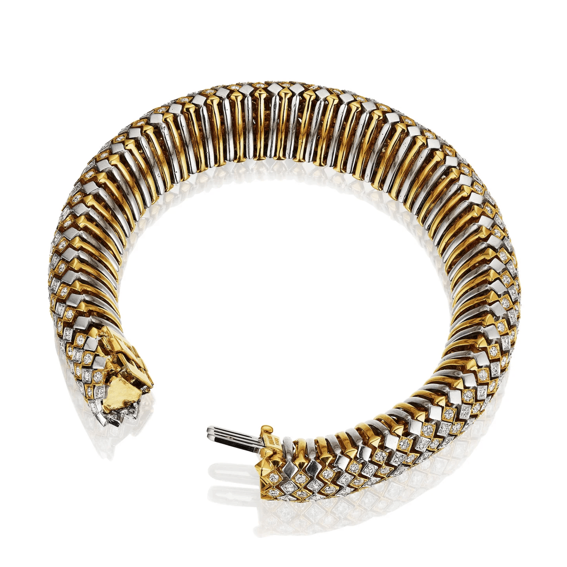 David Webb 1970s Platinum & 18KT Yellow Gold Diamond Bracelet profile