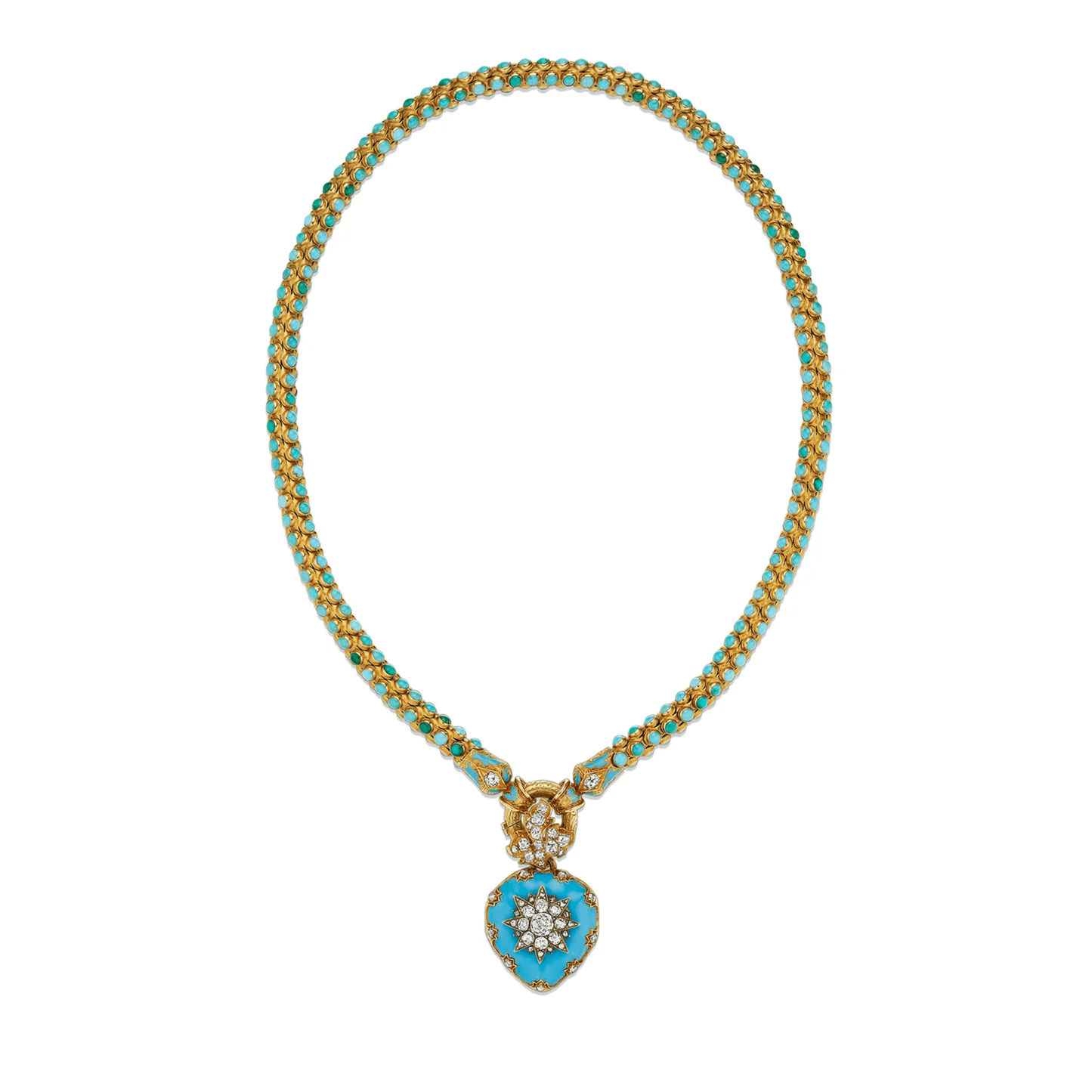Victorian 15KT Yellow Gold Turquoise, Diamond & Enamel Heart Locket Necklace front
