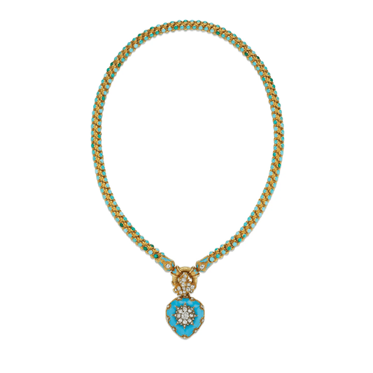Victorian 15KT Yellow Gold Turquoise, Diamond & Enamel Heart Locket Necklace front
