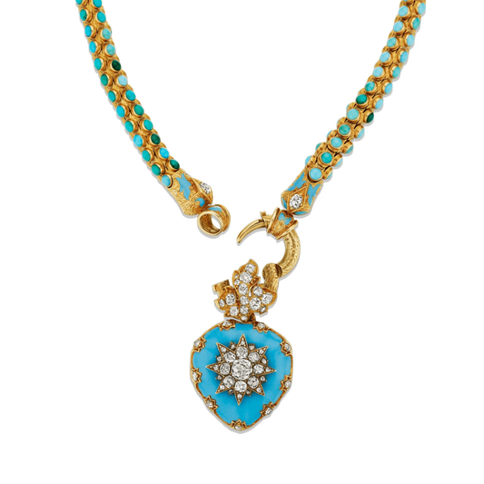 Victorian 15KT Yellow Gold Turquoise, Diamond & Enamel Heart Locket Necklace close up
