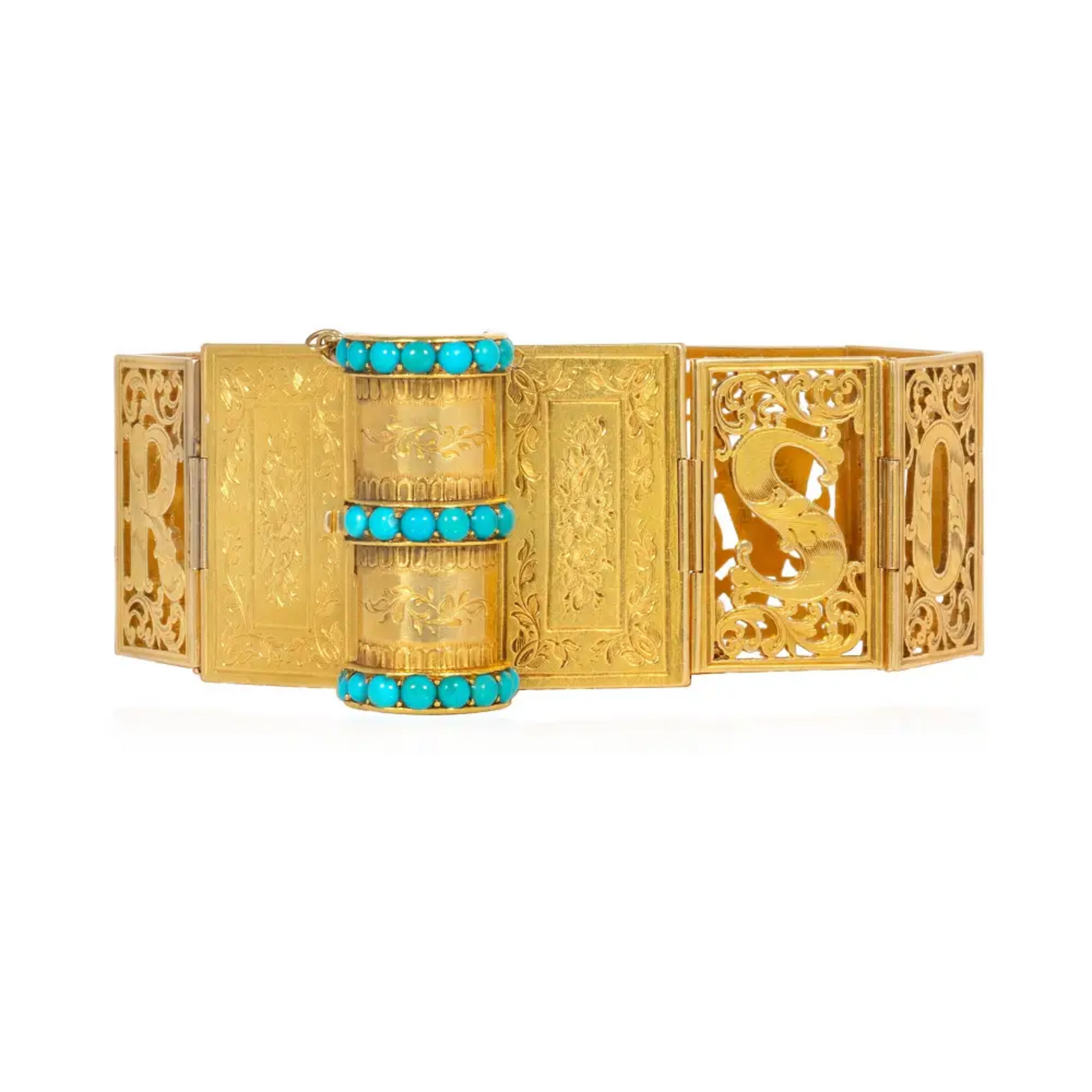 Victorian 18KT Yellow Gold Turquoise Souvenir Book Bracelet front
