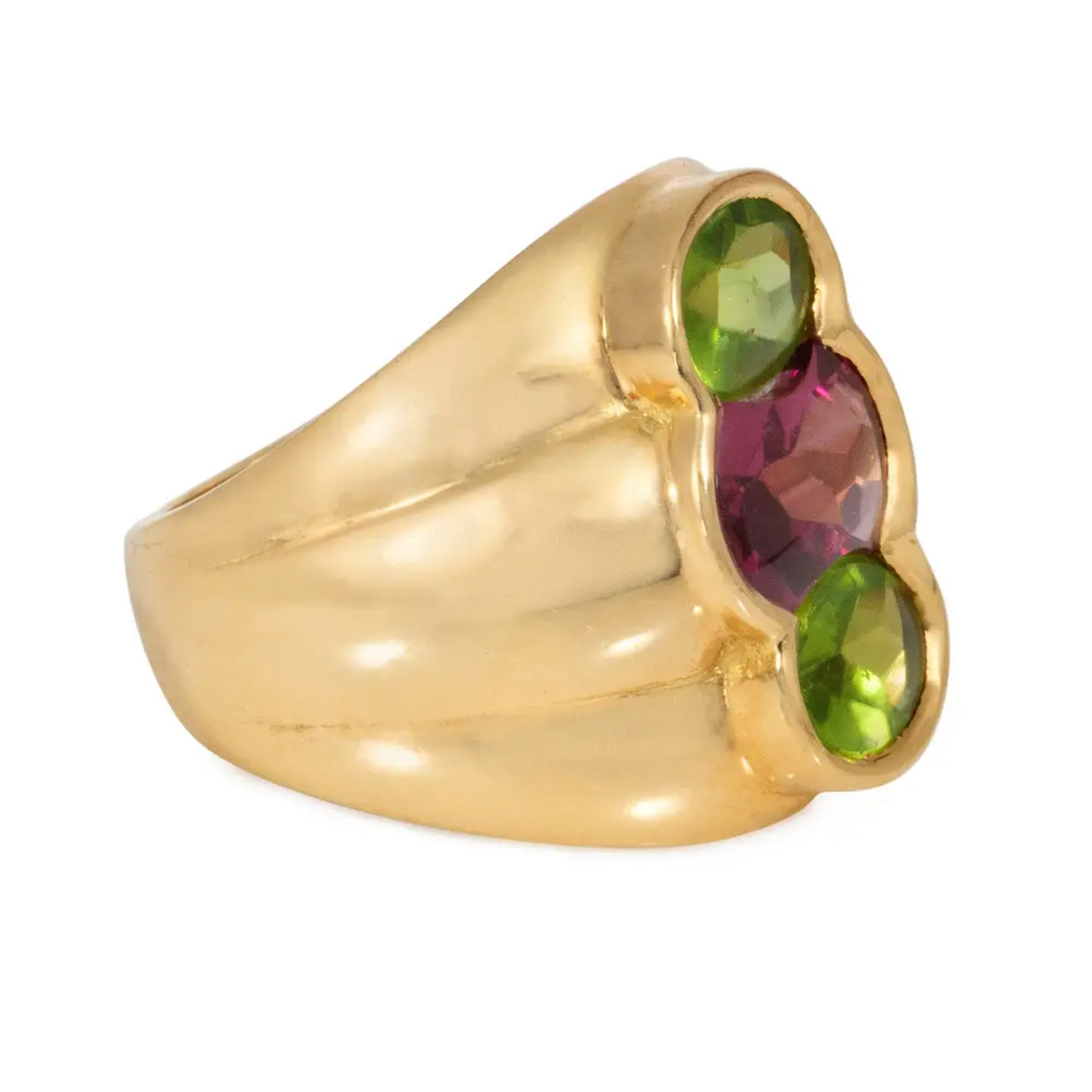 French 1980s 18KT Yellow Gold Amethyst & Peridot Ring side