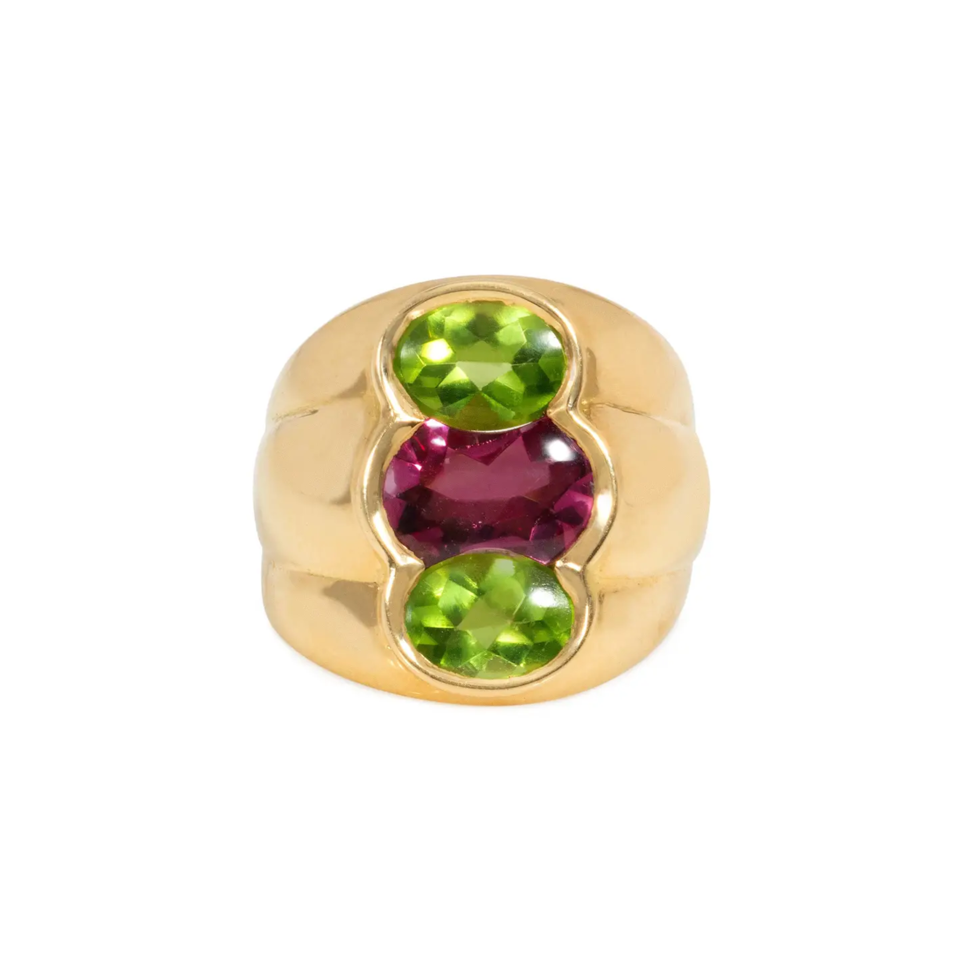 French 1980s 18KT Yellow Gold Amethyst & Peridot Ring front