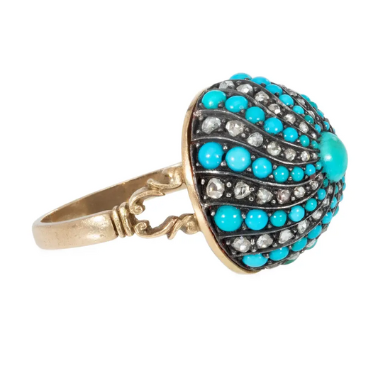 Victorian Silver & 14KT Yellow Gold Turquoise & Diamond Ring side