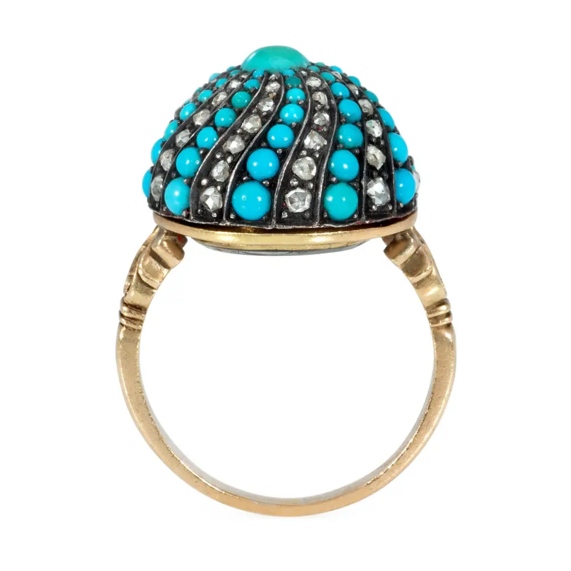 Victorian Silver & 14KT Yellow Gold Turquoise & Diamond Ring profile