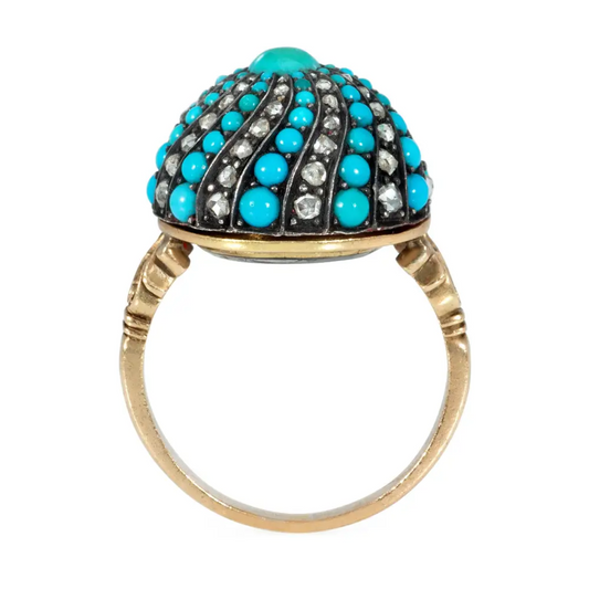 Victorian Silver & 14KT Yellow Gold Turquoise & Diamond Ring profile