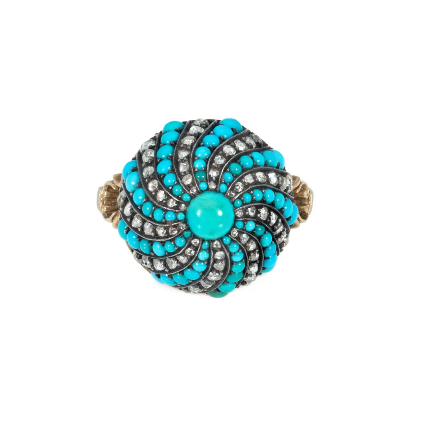 Victorian Silver & 14KT Yellow Gold Turquoise & Diamond Ring front