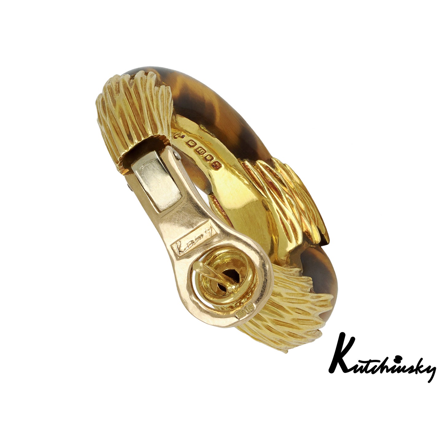 Kutchinsky English 1970s 18KT Yellow Gold Tiger's Eye Earrings signature