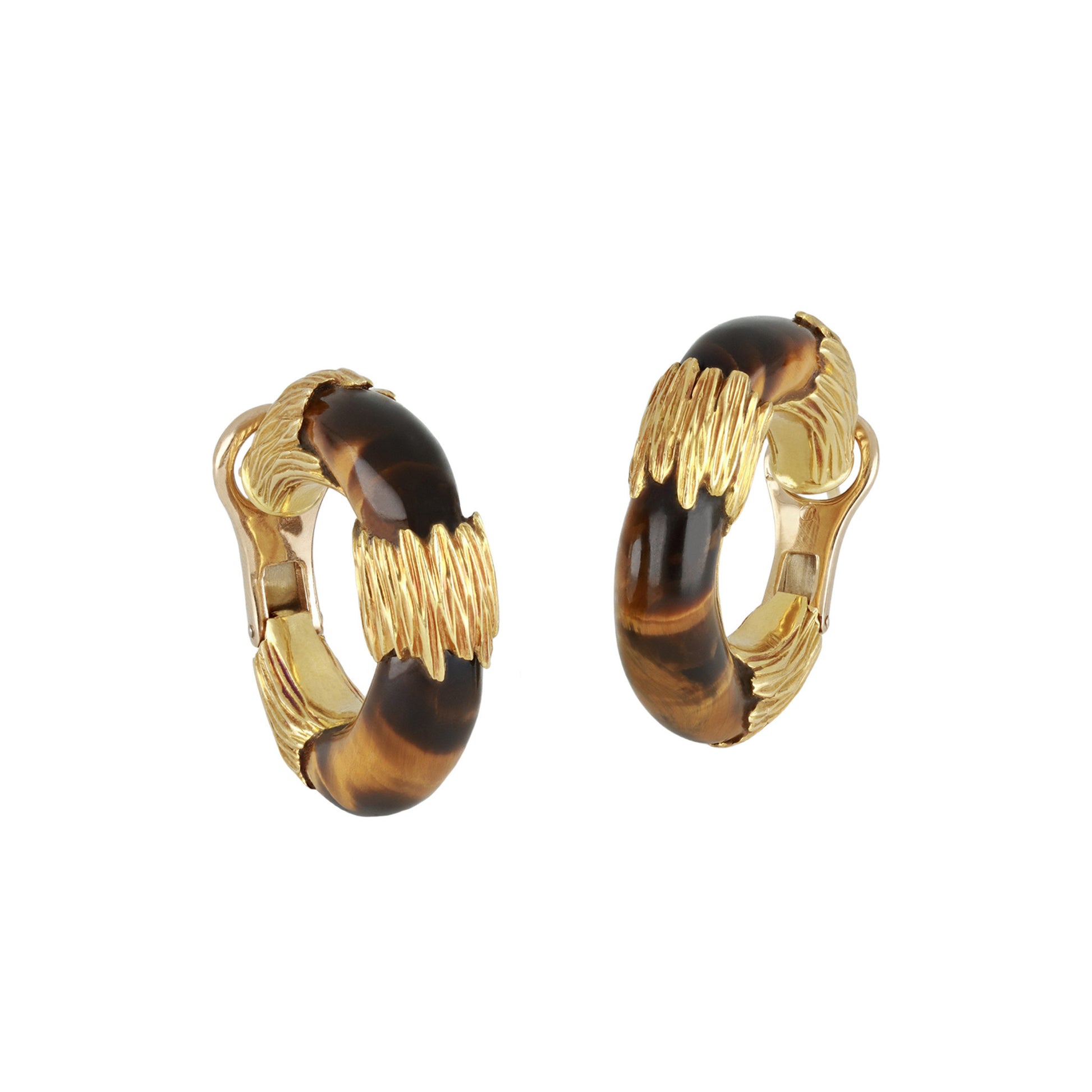 Kutchinsky English 1970s 18KT Yellow Gold Tiger's Eye Earrings front