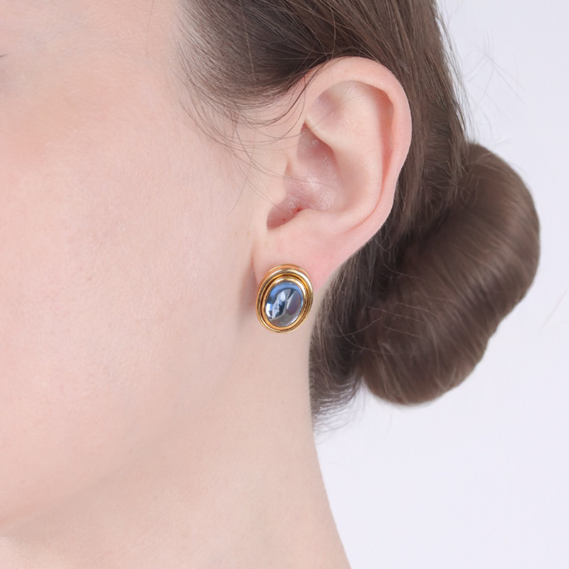 Bulgari Italy 1970s 18KT White & Yellow Gold Sapphire Earrings on ear