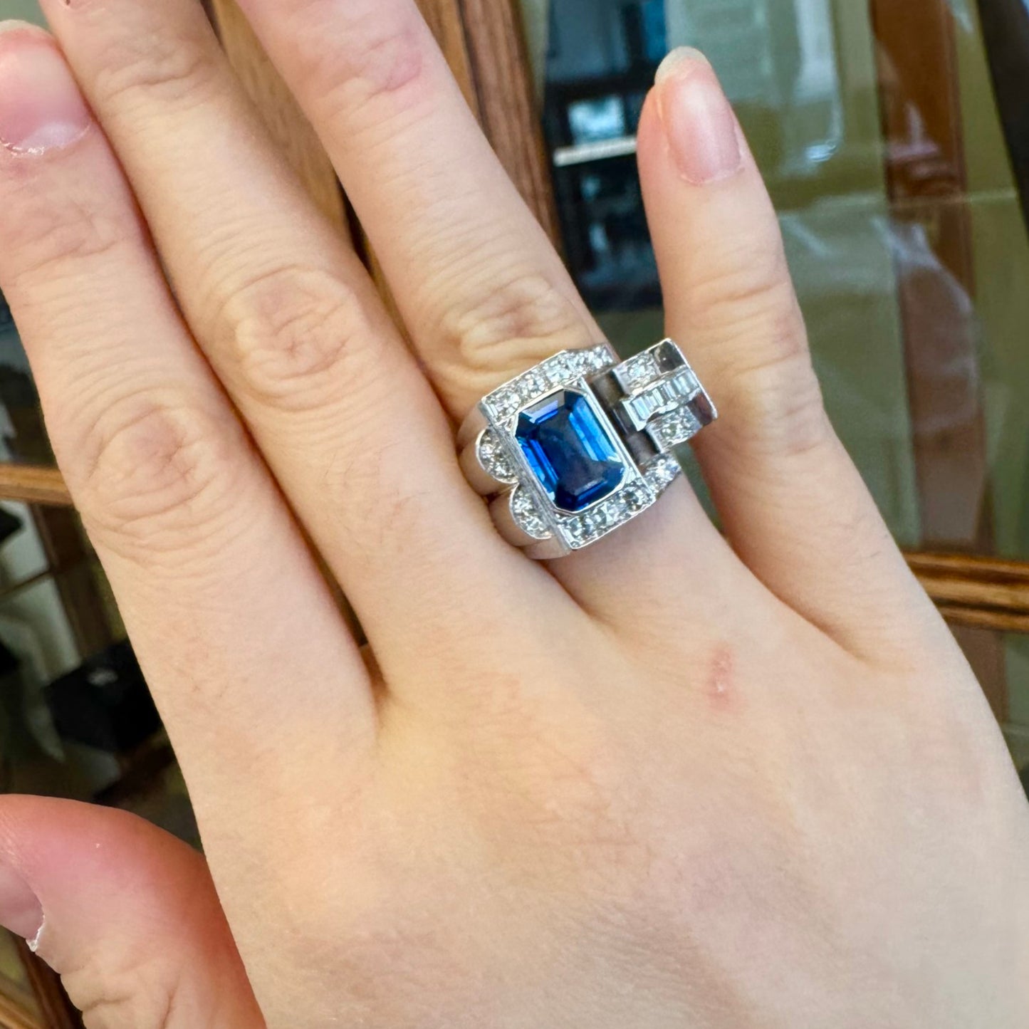 1930s Platinum Sapphire & Diamond Ring on finger