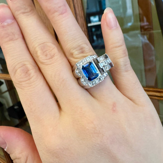 1930s Platinum Sapphire & Diamond Ring on finger