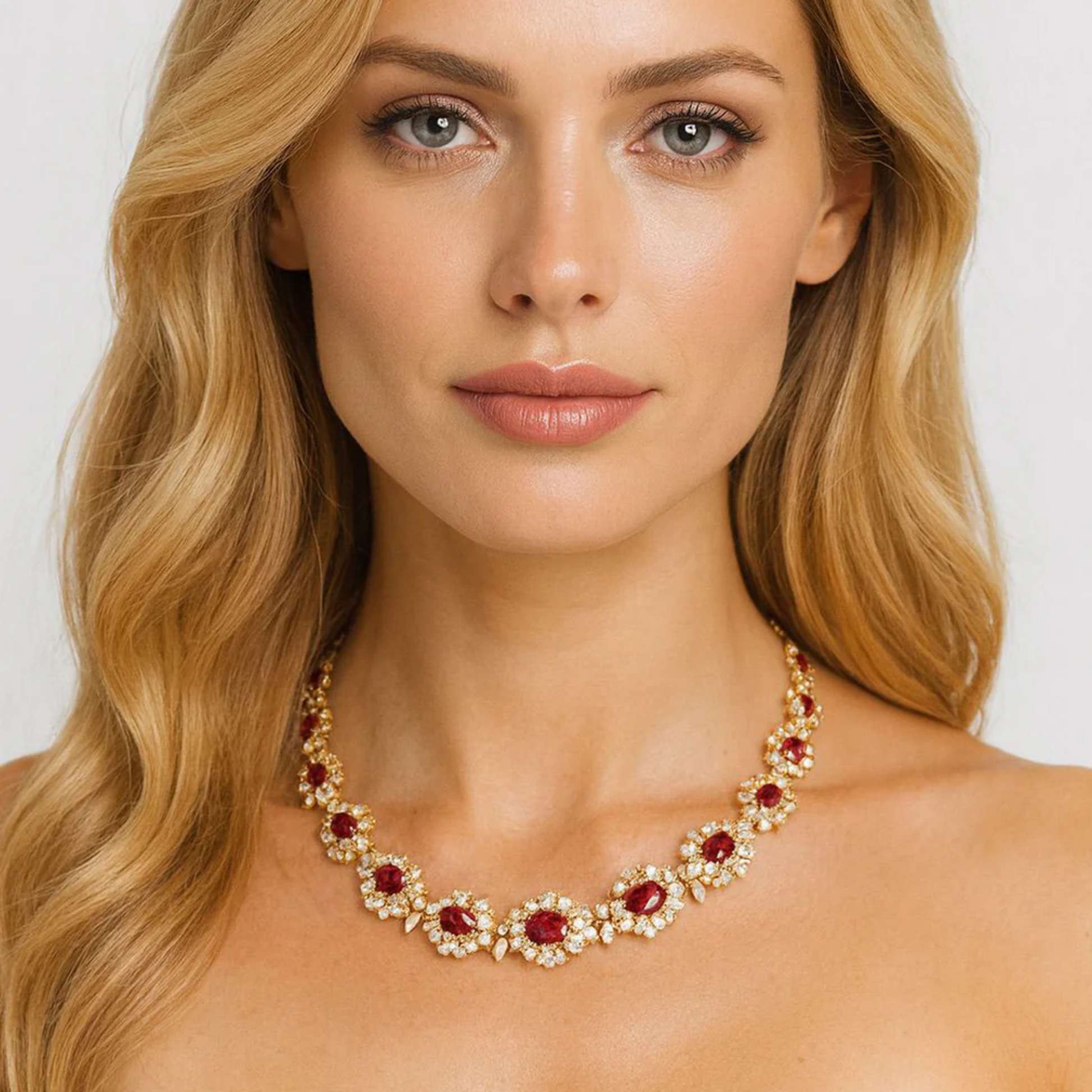 Post-1980s 18KT Yellow Gold Ruby & Diamond Necklace on neck