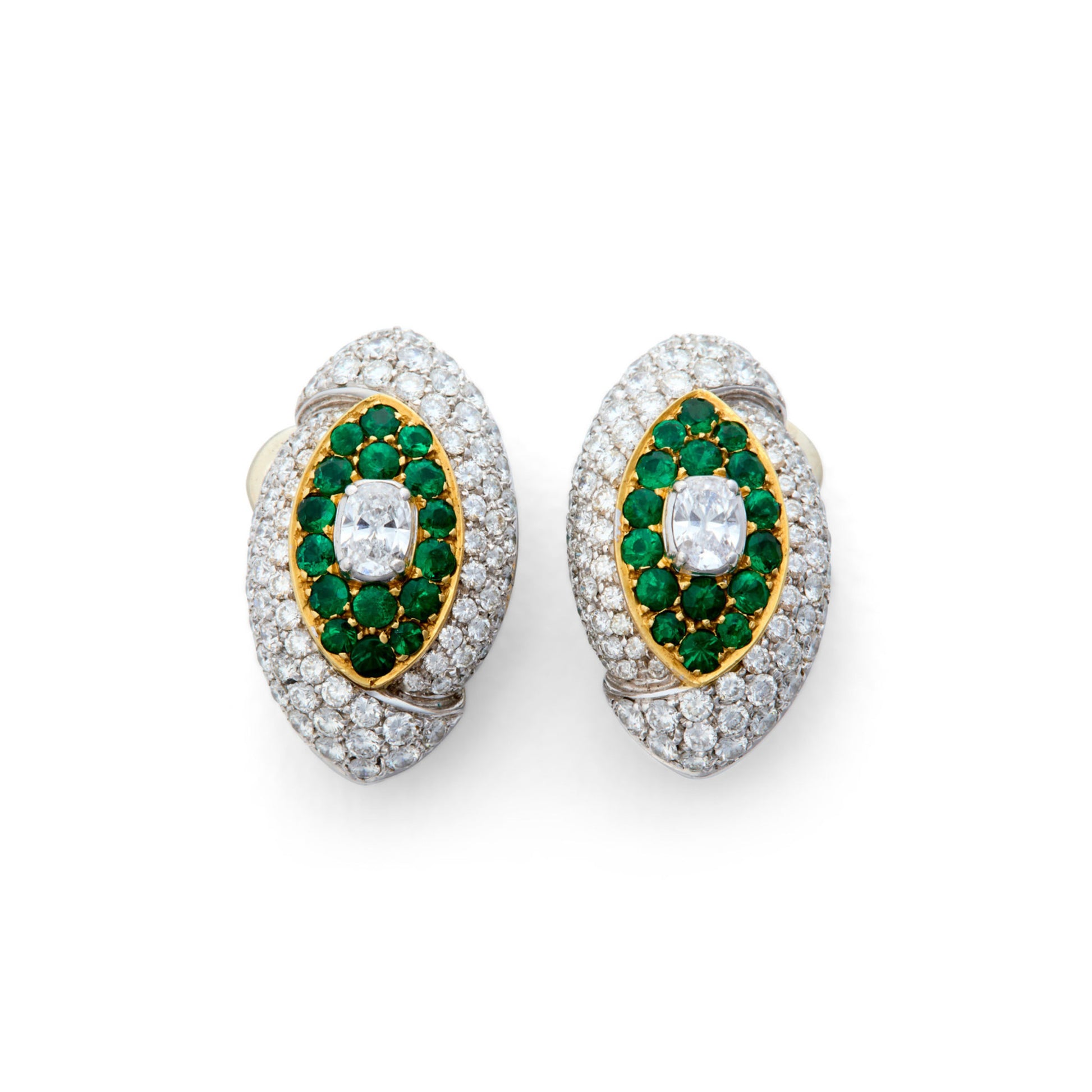 Fred Paris 1970s 18KT Yellow Gold Emerald & Diamond Earrings front
