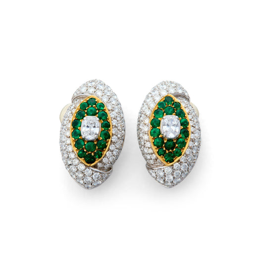 Fred Paris 1970s 18KT Yellow Gold Emerald & Diamond Earrings front