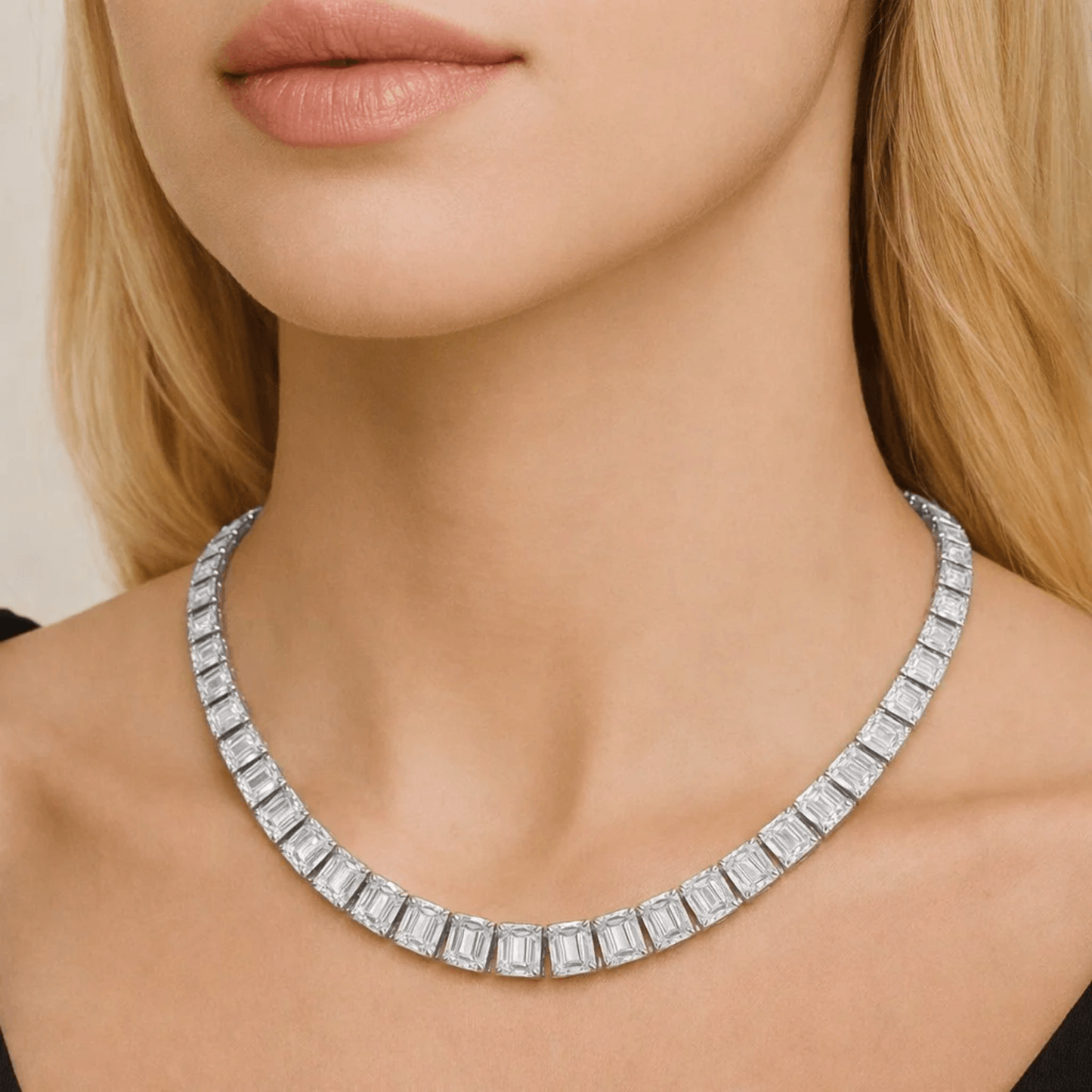 Post-1980s Platinum Diamond Necklace on neck