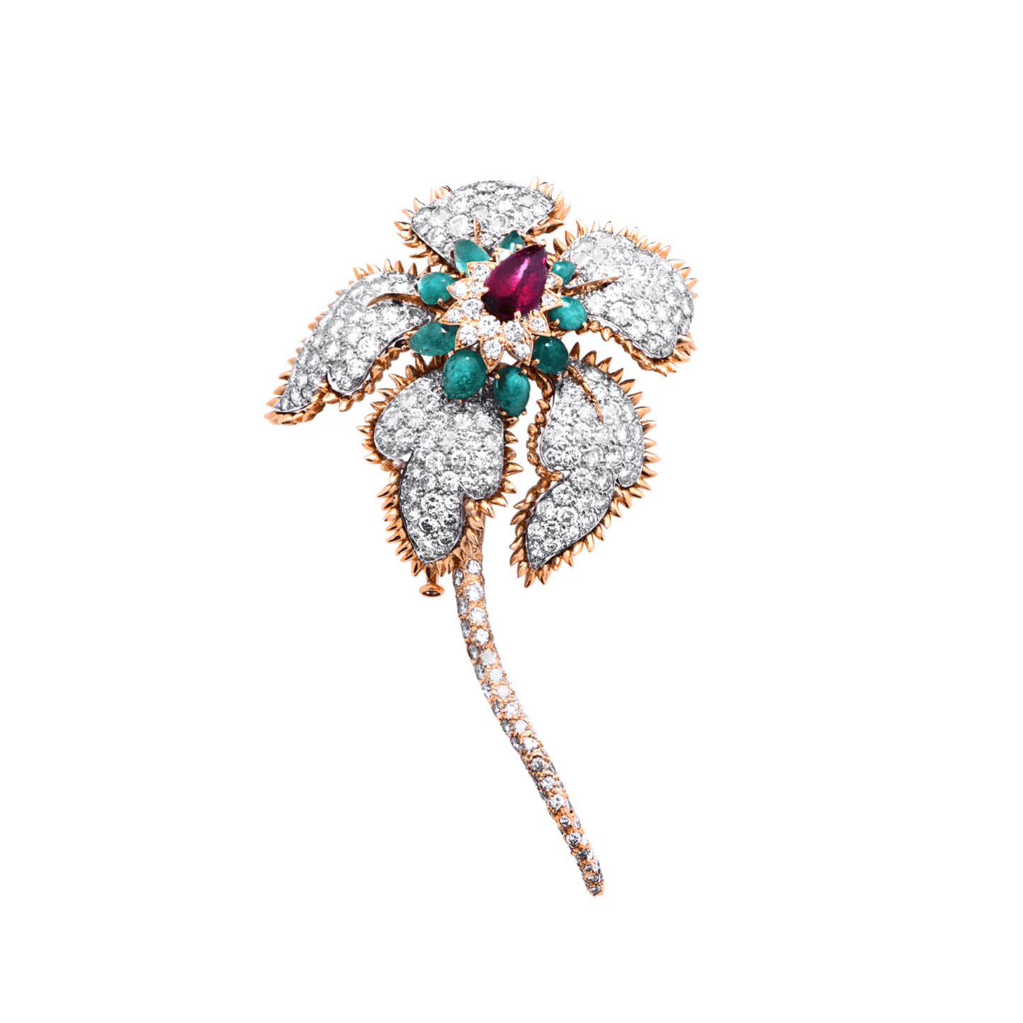 David Webb Post-1980s 18KT Yellow Gold Diamond, Emerald & Ruby Flower Brooch front