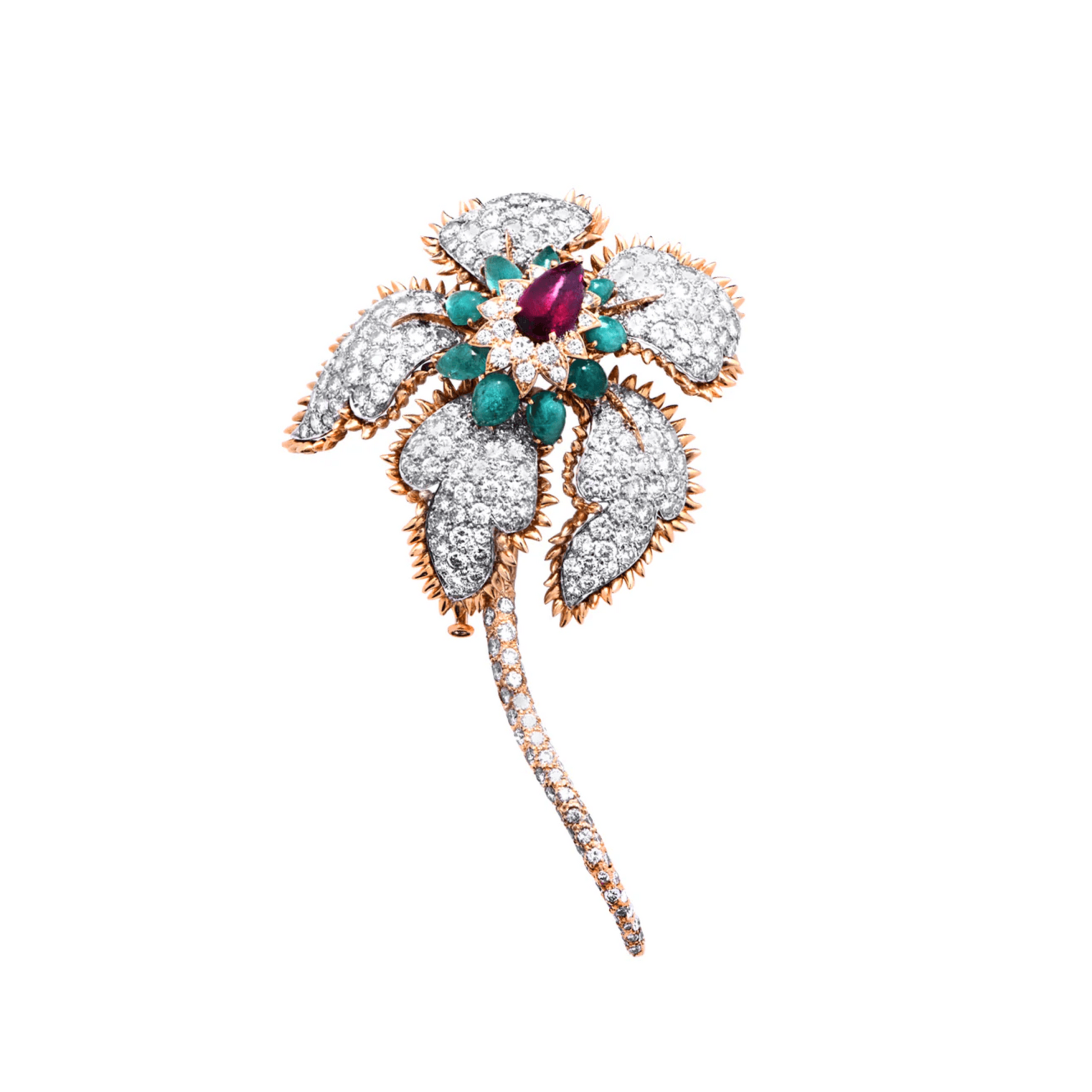David Webb Post-1980s 18KT Yellow Gold Diamond, Emerald & Ruby Flower Brooch front