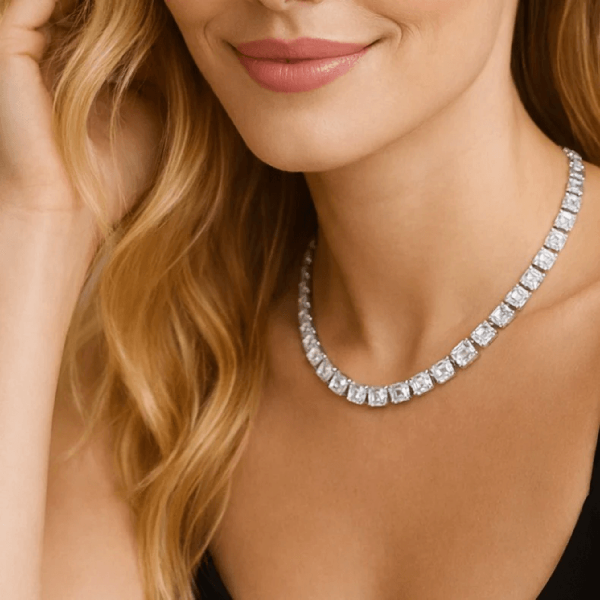 Post-1980s Platinum Diamond Necklace on neck