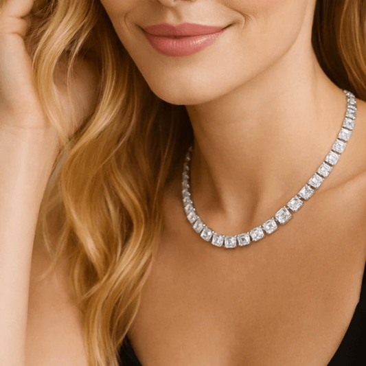 Post-1980s Platinum Diamond Necklace on neck