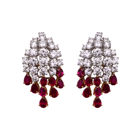 Post-1980s 18KT White & Yellow Gold Ruby & Diamond Earrings front