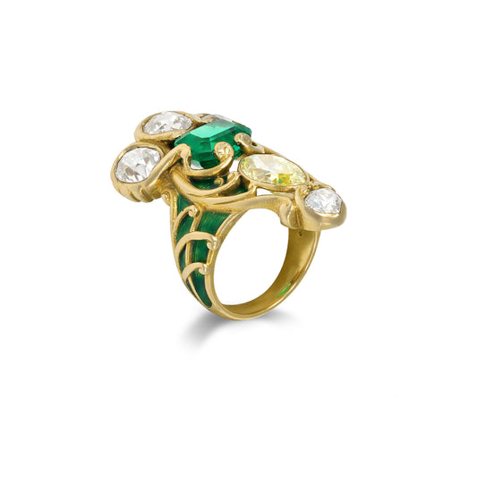 Marcus & Co. Art Nouveau 18KT Yellow Gold Emerald, Diamond & Enamel Ring side