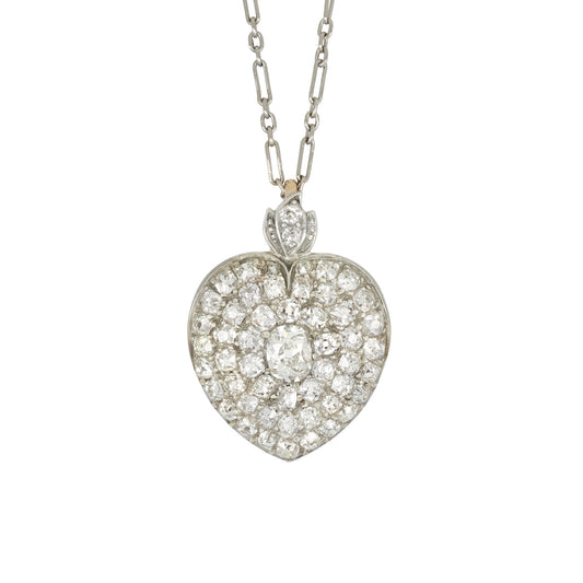 Victorian Silver & 18KT Yellow Gold Diamond Heart Locket Necklace front