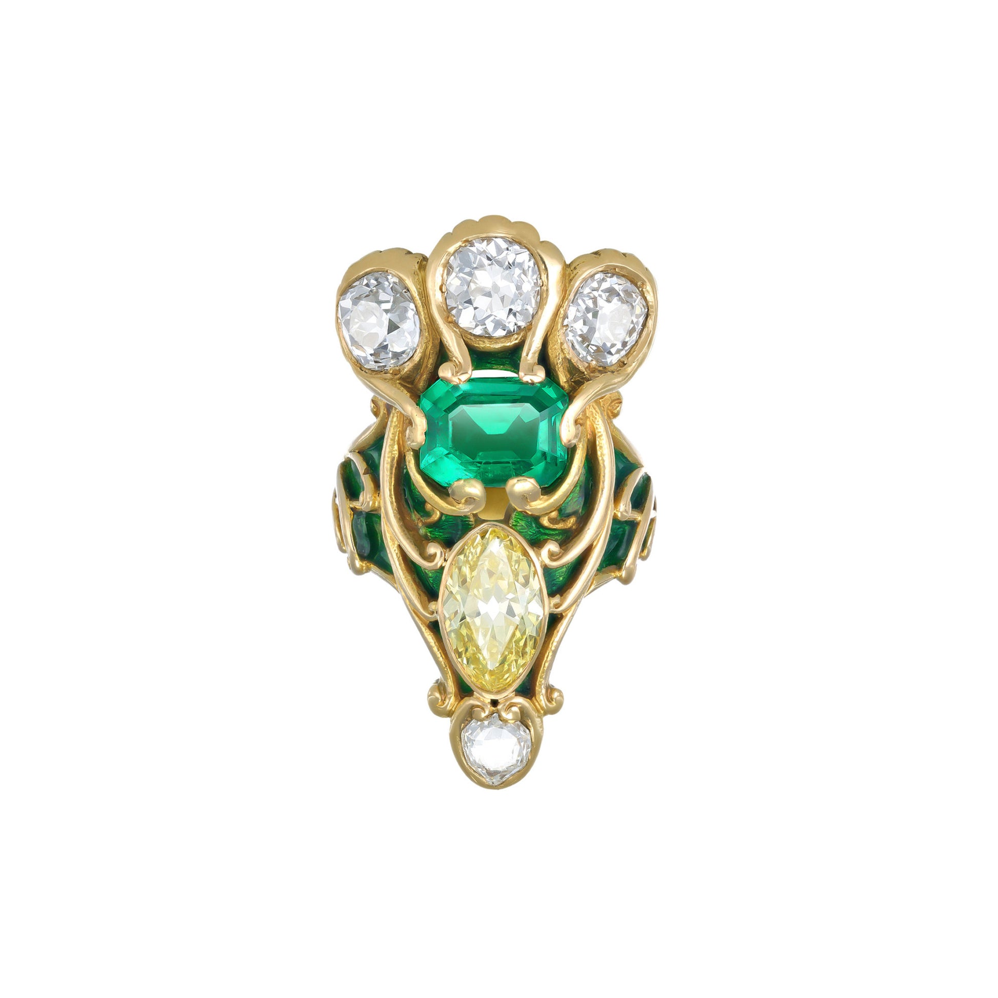 Marcus & Co. Art Nouveau 18KT Yellow Gold Emerald, Diamond & Enamel Ring front
