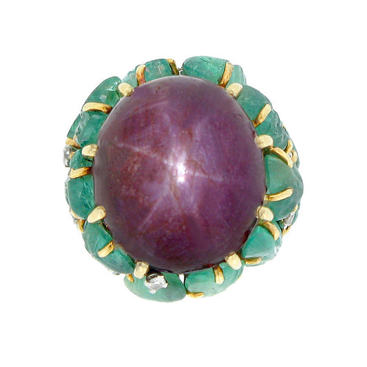 Marchak Paris 1960s 18KT White & Yellow Gold Star Ruby, Diamond & Emerald Ring front