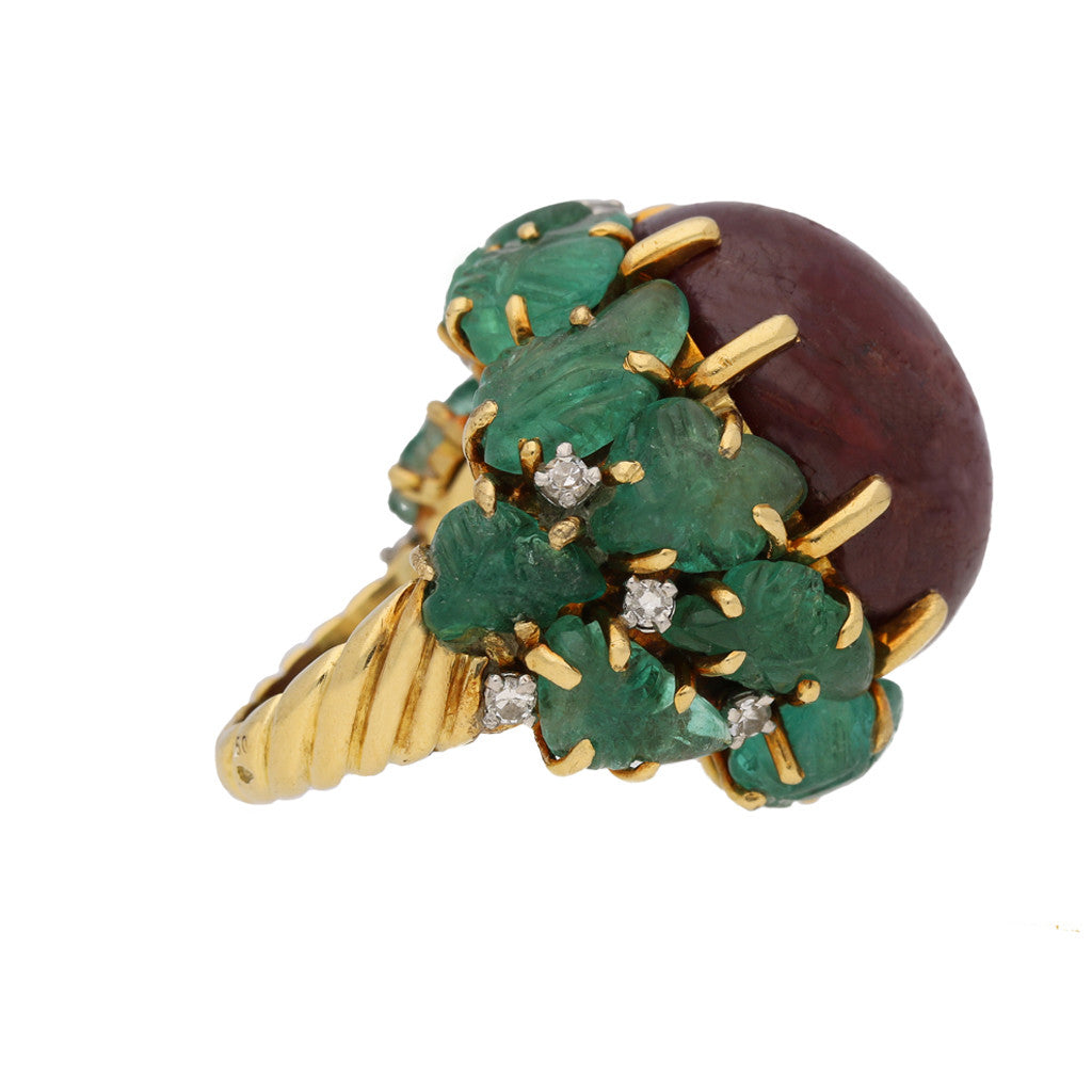 Marchak Paris 1960s 18KT White & Yellow Gold Star Ruby, Diamond & Emerald Ring side 