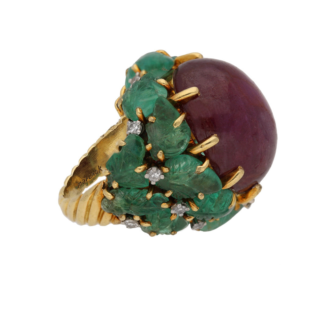 Marchak Paris 1960s 18KT White & Yellow Gold Star Ruby, Diamond & Emerald Ring side