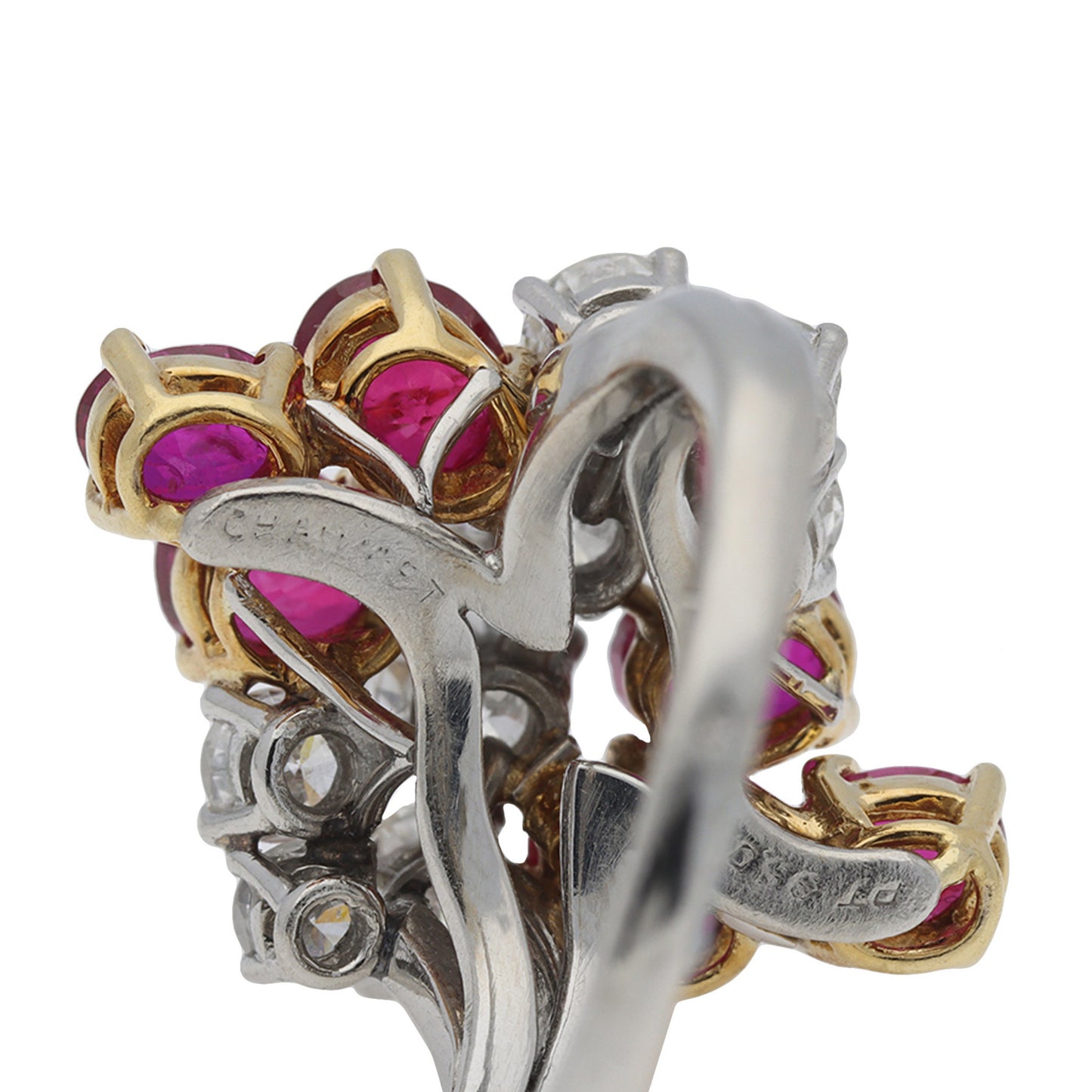 Chaumet 1980s Platinum & 18KT Yellow Gold Ruby & Diamond Ring signature