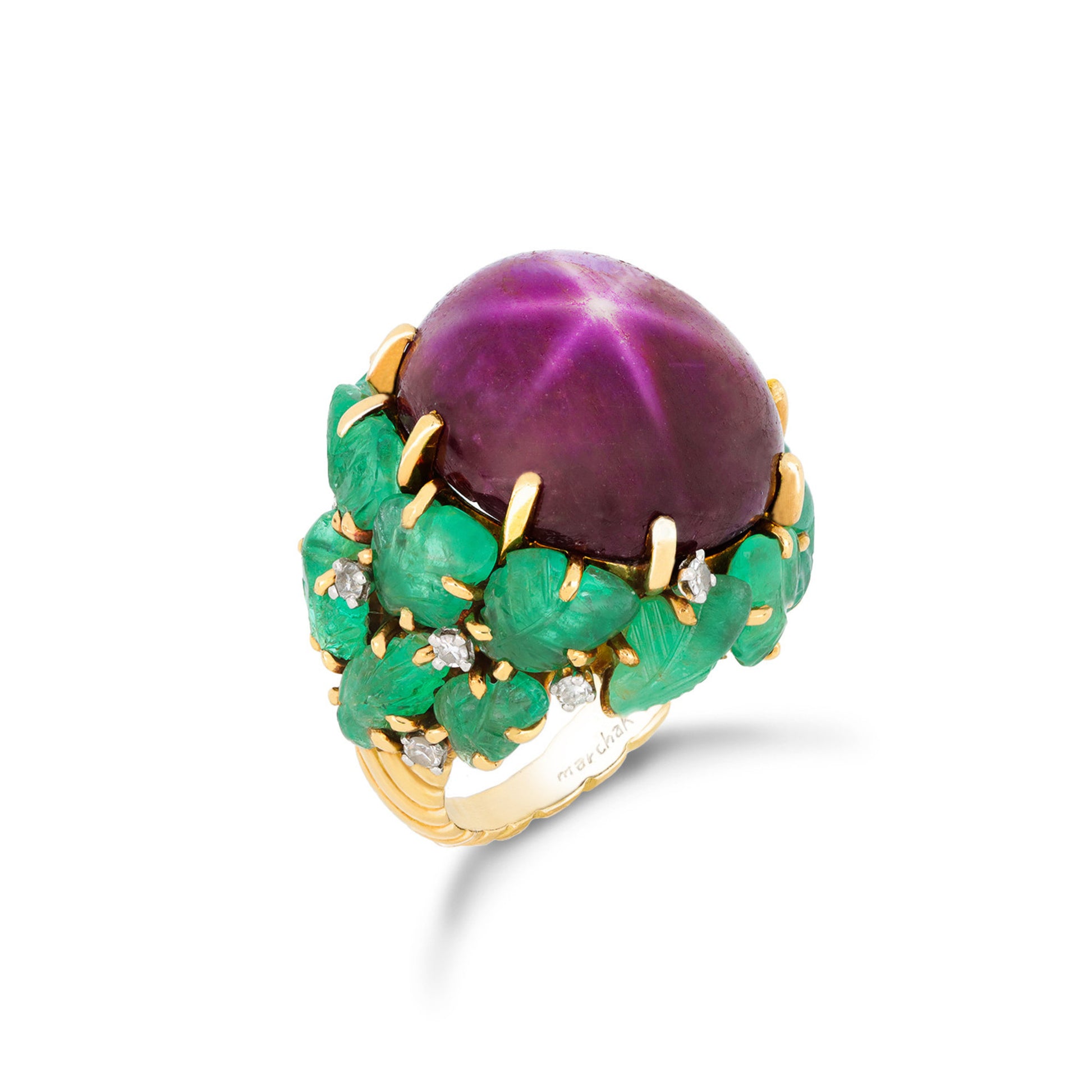 Marchak Paris 1960s 18KT White & Yellow Gold Star Ruby, Diamond & Emerald Ring front & signature