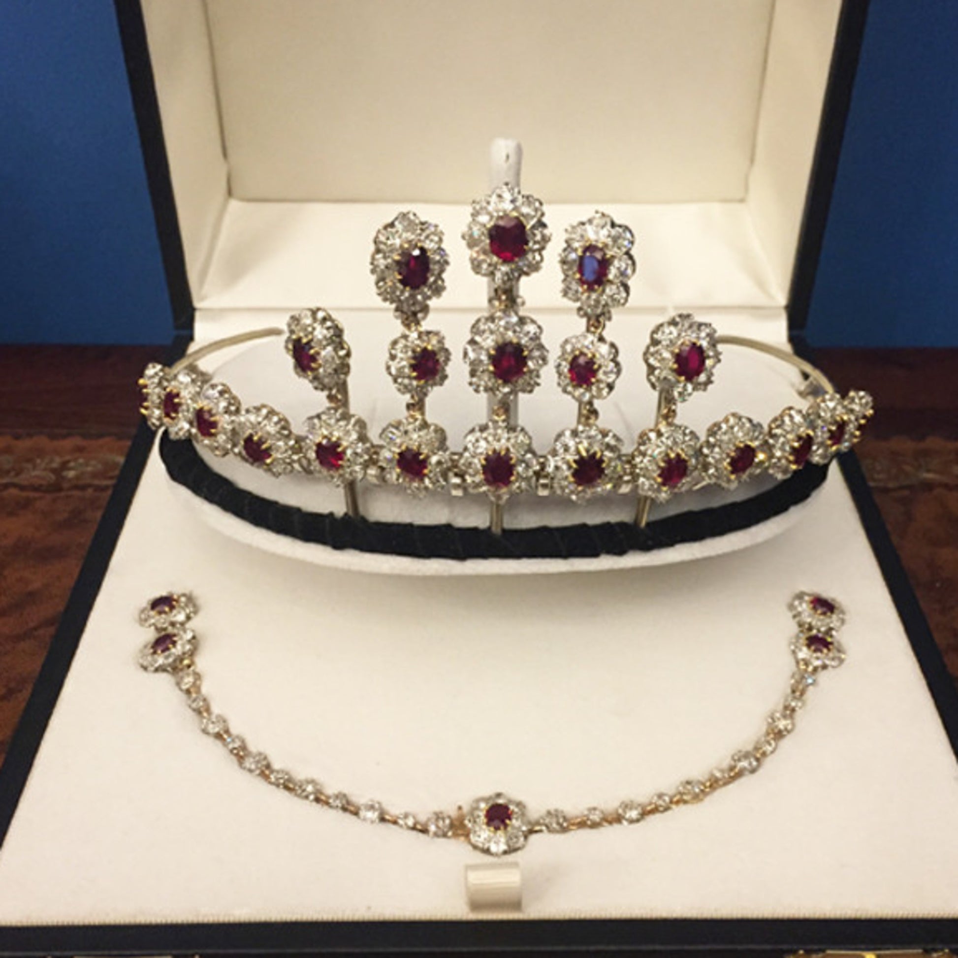 Victorian Platinum & 18KT Rose Gold Ruby & Diamond Necklace in box