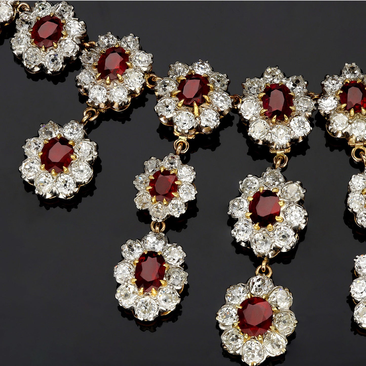Victorian Platinum & 18KT Rose Gold Ruby & Diamond Necklace close-up details