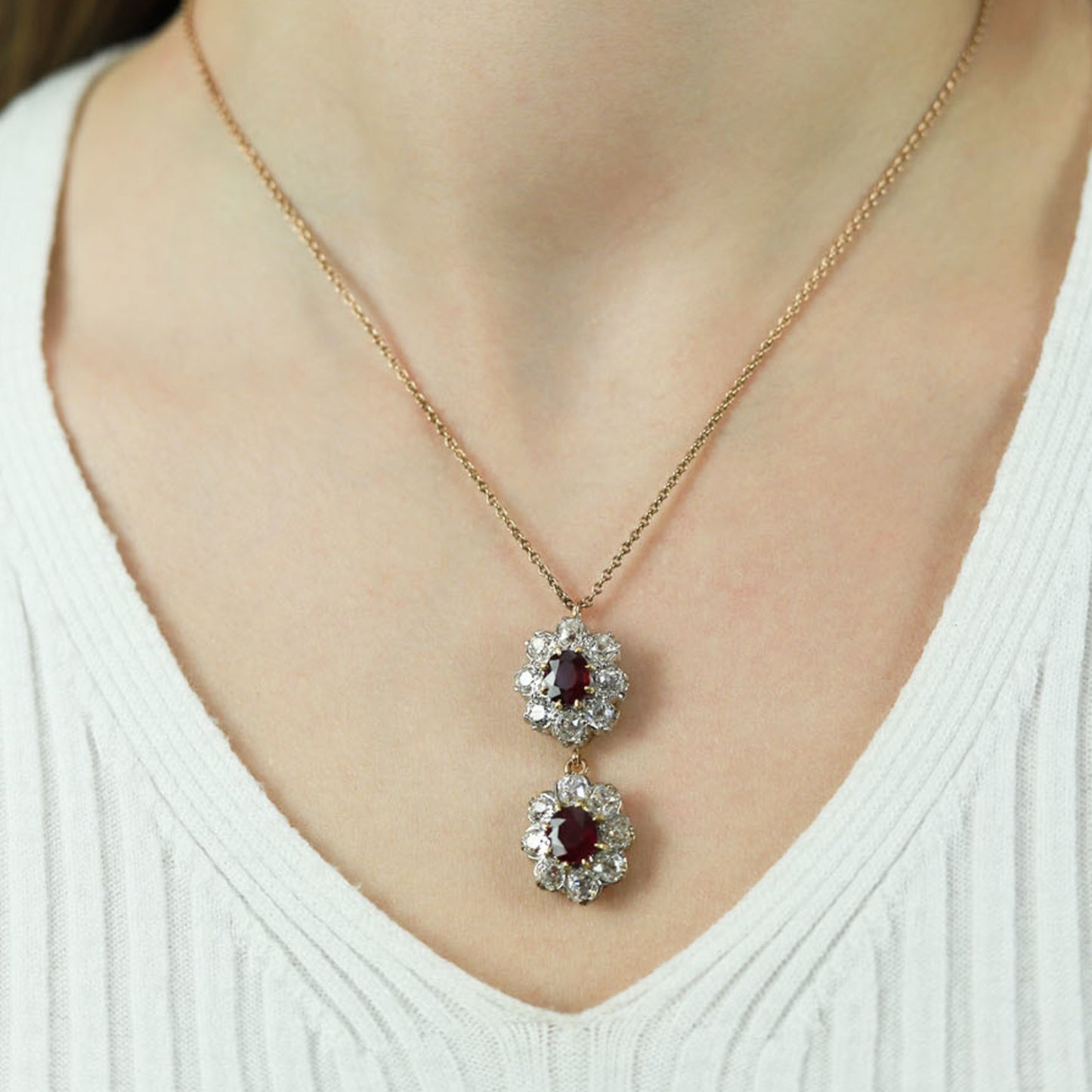 Victorian Platinum & 18KT Rose Gold Ruby & Diamond Necklace on neck