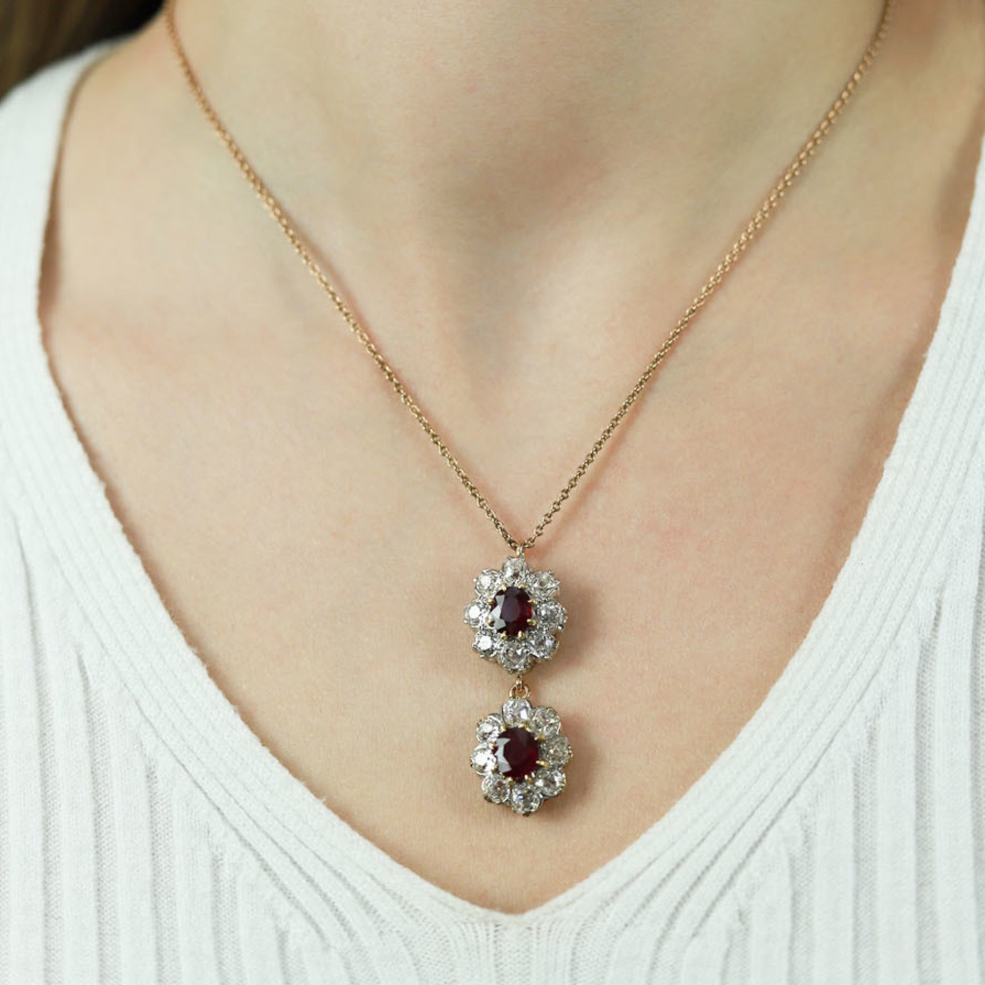Victorian Platinum & 18KT Rose Gold Ruby & Diamond Necklace on neck