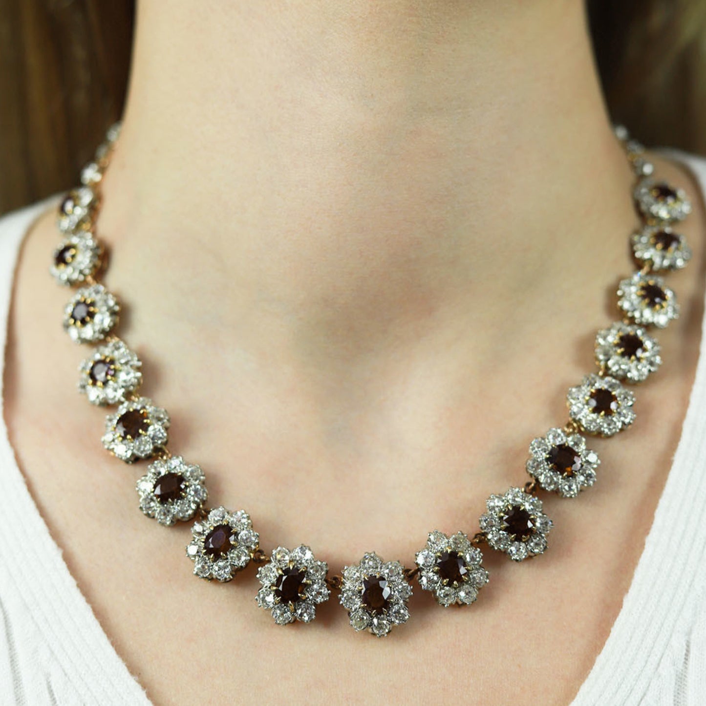 Victorian Platinum & 18KT Rose Gold Ruby & Diamond Necklace on neck