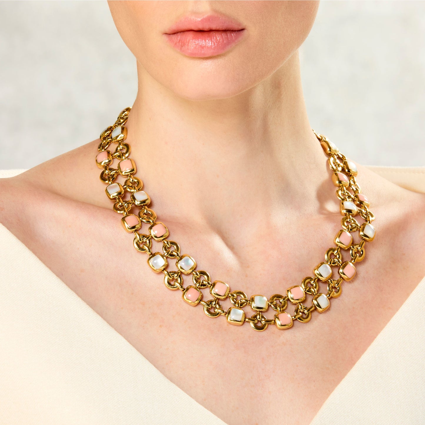 Van Cleef & Arpels 1950s 18KT Yellow Gold Coral & Mother of Pearl Necklace on neck