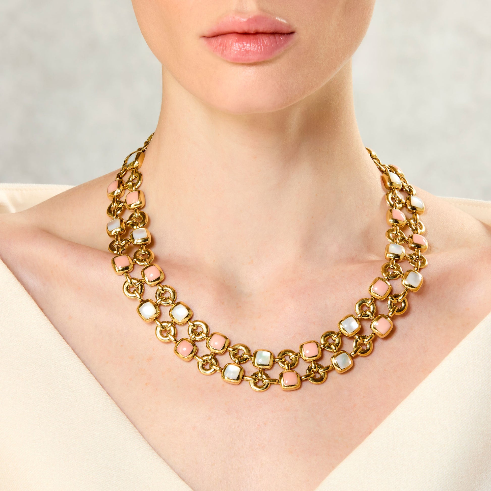 Van Cleef & Arpels 1950s 18KT Yellow Gold Coral & Mother of Pearl Necklace on neck