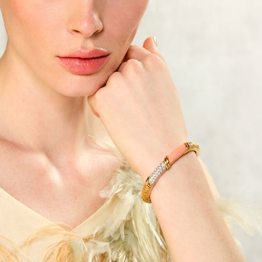 Van Cleef & Arpels Paris 1970s 18KT Yellow Gold Coral & Diamond Bracelet on wrist