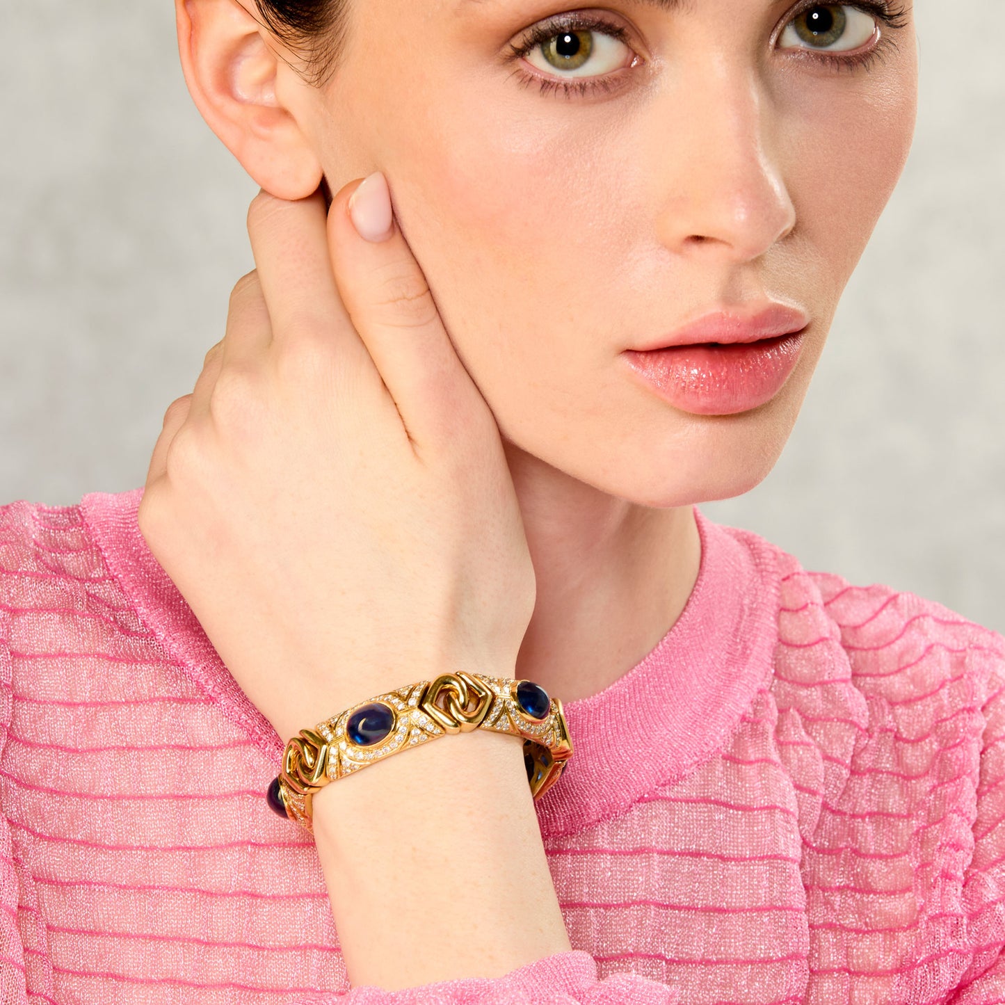 Bulgari 1970s 18KT Yellow Gold Sapphire & Diamond Bracelet on wrist