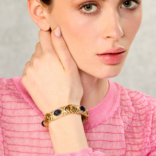 Bulgari 1970s 18KT Yellow Gold Sapphire & Diamond Bracelet on wrist