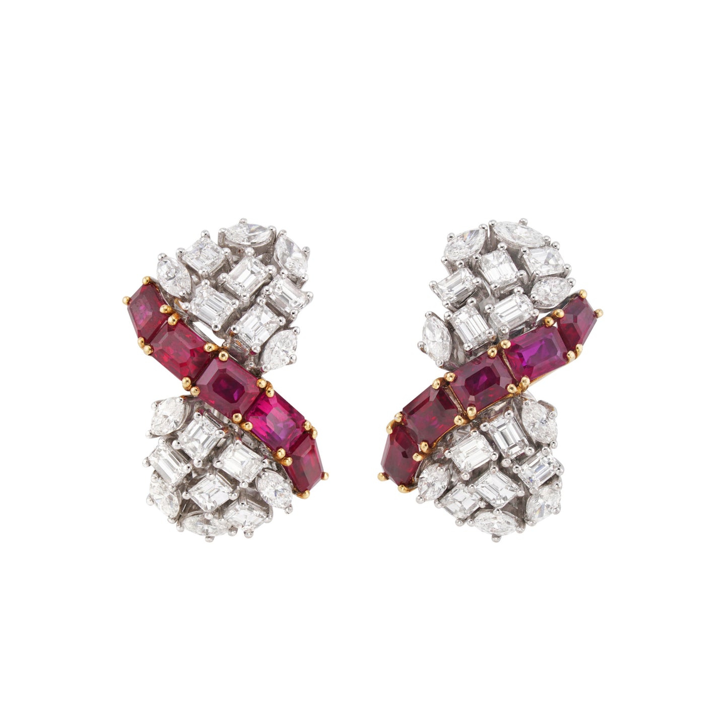 1950s Garrard & Co. Platinum & 18KT Yellow Gold Ruby & Diamond Earrings front